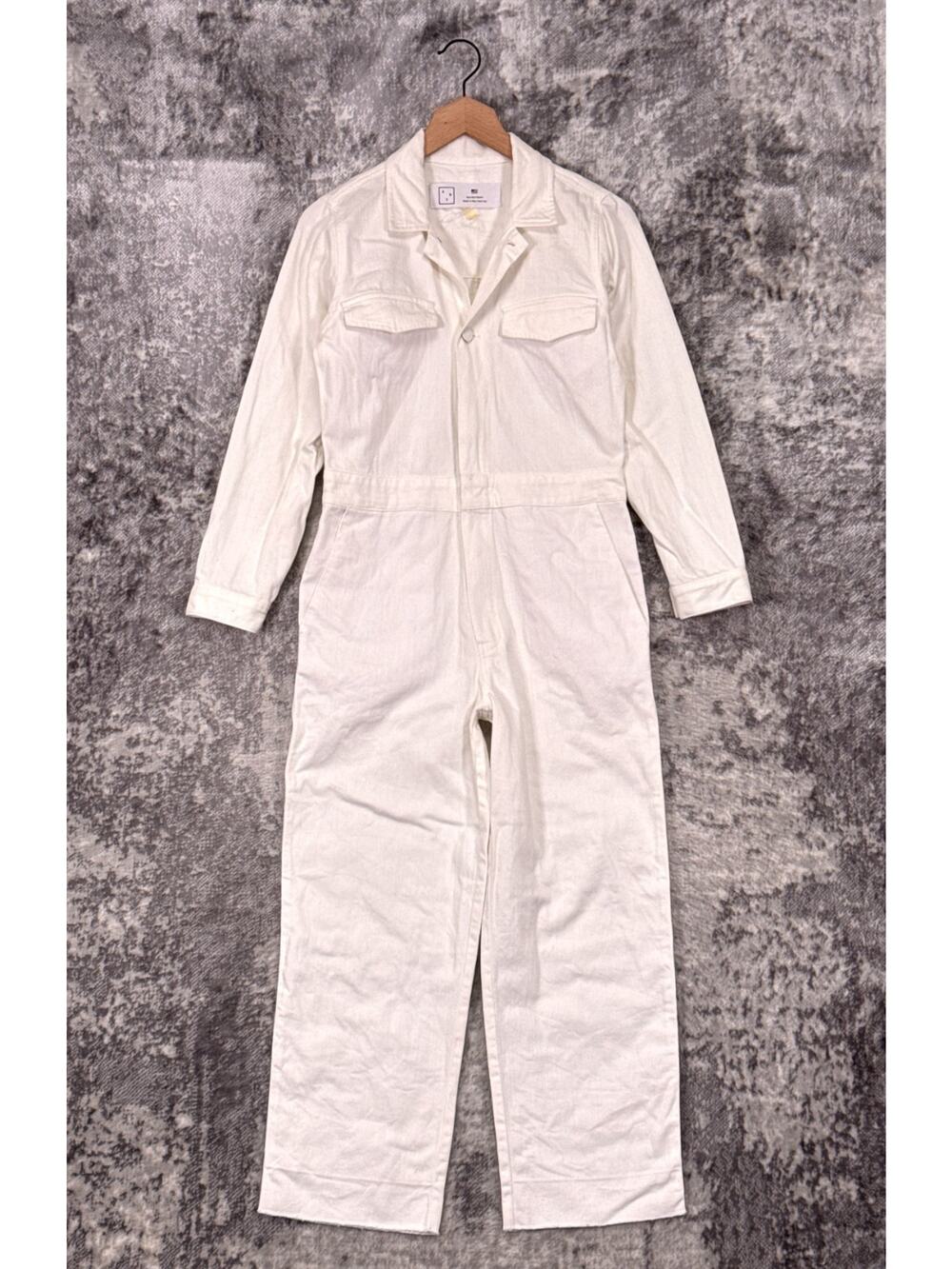 AYR Jumpsuit Small Womens White American Raw Denim Coverall Long Sleeve Boiler